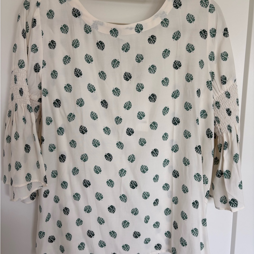LOFT Cream Blouse with Green Leaf Pattern